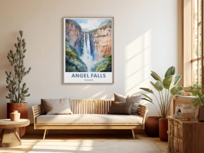 Living room with framed Angel Falls poster