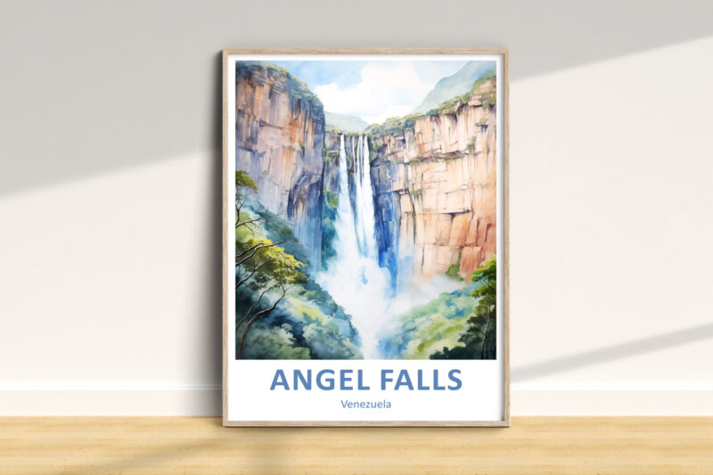 Watercolor painting of Angel Falls, Venezuela.