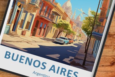 Colorful Buenos Aires street scene with vintage cars.