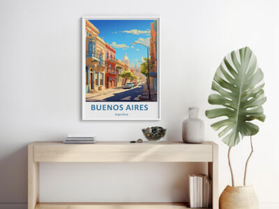 Buenos Aires poster on modern console with decor.