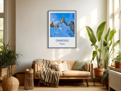 Cozy living room with Chamonix picture on wall.