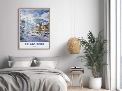 Stylish bedroom with Chamonix poster and plant decor.