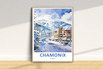 Watercolor painting of snowy Chamonix, France landscape.