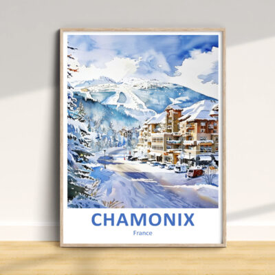 Watercolor painting of snowy Chamonix, France landscape.