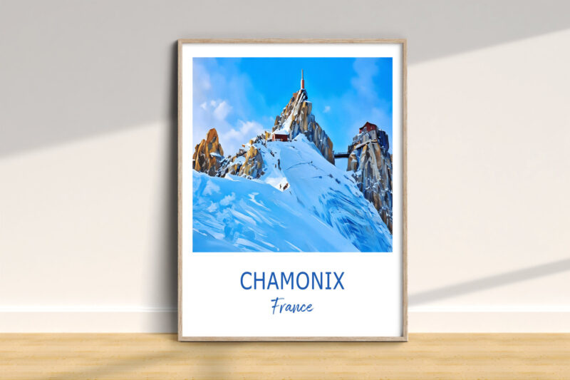 Framed Chamonix mountain artwork on wooden floor.