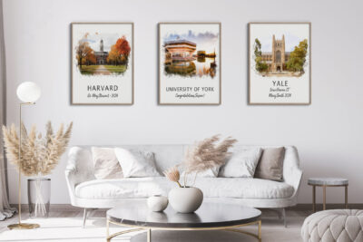 Living room with university-themed wall art.