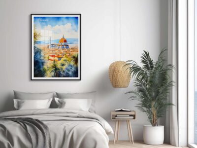 Bedroom with Florence painting, modern decor.