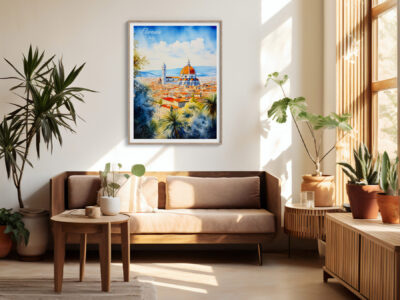Cozy living room with Florence artwork and plants.