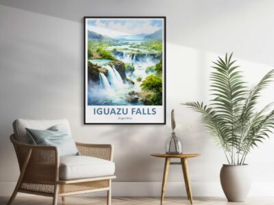 Iguazu Falls poster in serene room setting.