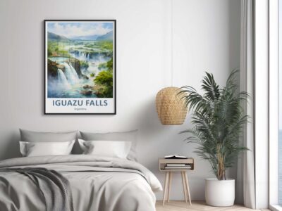 Bedroom with Iguazu Falls poster and green plant.