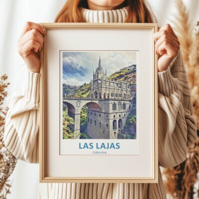 Person holding Las Lajas Cathedral artwork, Colombia.