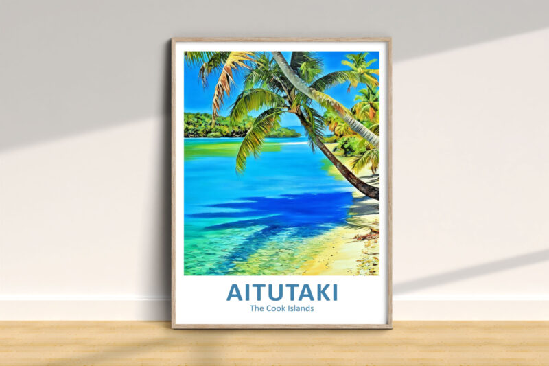 Aitutaki Cook Islands tropical beach poster in frame.