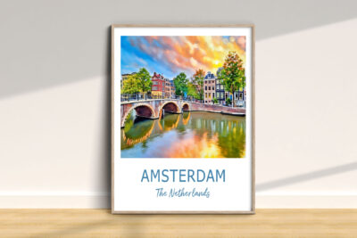 Framed Amsterdam canal artwork with colorful sky reflection.