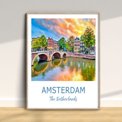 Framed Amsterdam canal artwork with colorful sky reflection.