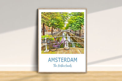 Painting of Amsterdam canal with bicycle