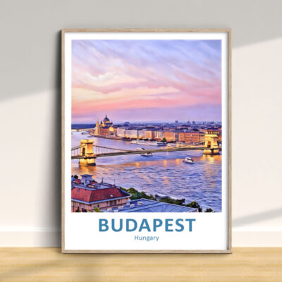 Budapest skyline painting with Danube River.