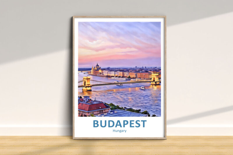 Budapest skyline painting with Danube River.
