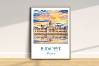 Framed Budapest Parliament artwork in sunlight.