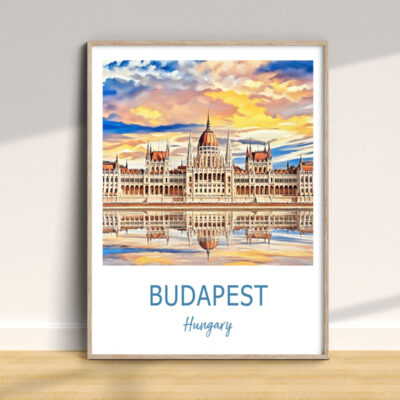 Framed Budapest Parliament artwork in sunlight.