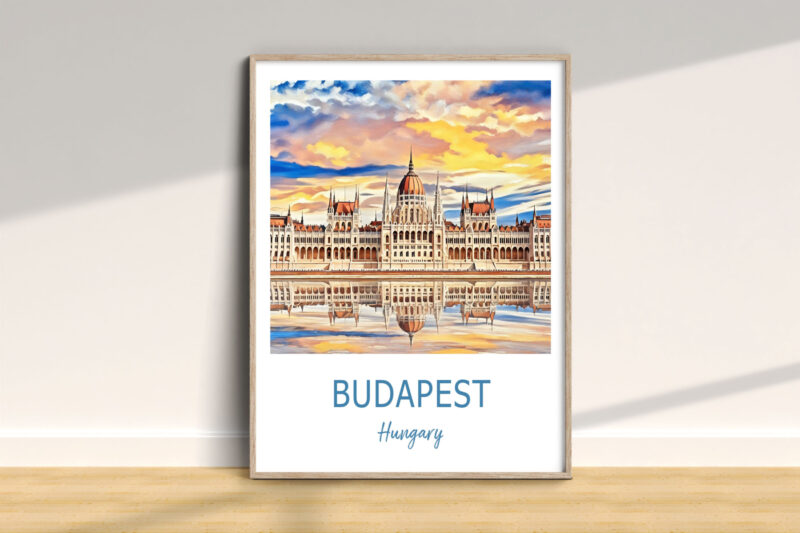 Framed Budapest Parliament artwork in sunlight.