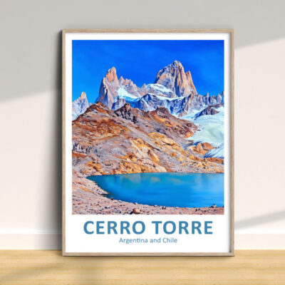 Cerro Torre poster with mountains and lake