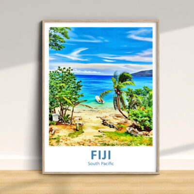 Framed painting of Fiji beach scenery on a wall.