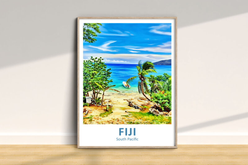 Framed painting of Fiji beach scenery on a wall.