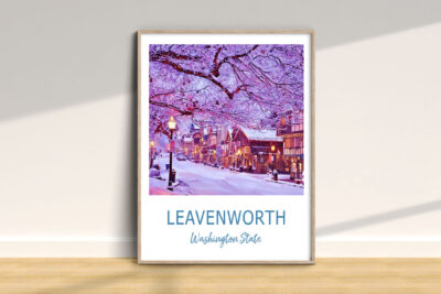 Leavenworth snowy street scenery, Washington State poster.