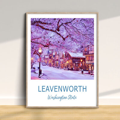 Leavenworth snowy street scenery, Washington State poster.