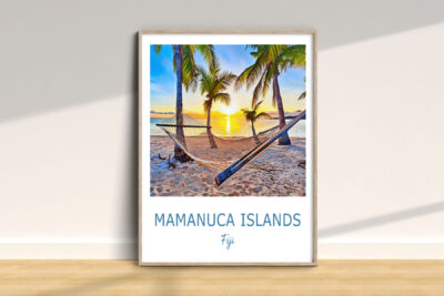 Framed Mamanuca Islands hammock sunset beach scene.