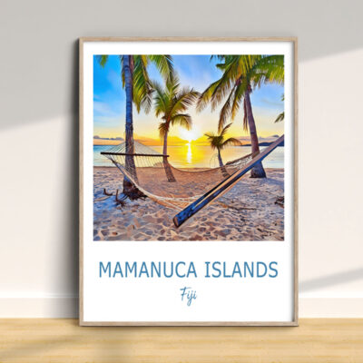 Framed Mamanuca Islands hammock sunset beach scene.