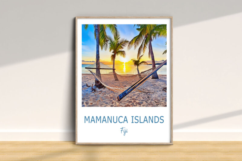 Framed Mamanuca Islands hammock sunset beach scene.