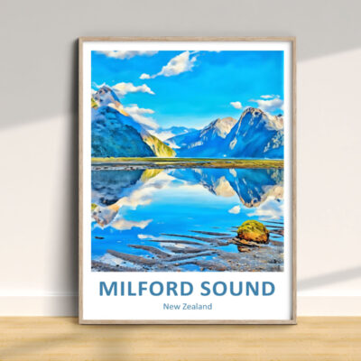 Framed painting of Milford Sound, New Zealand landscape.