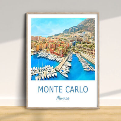 Framed Monte Carlo port art, yachts and cityscape.