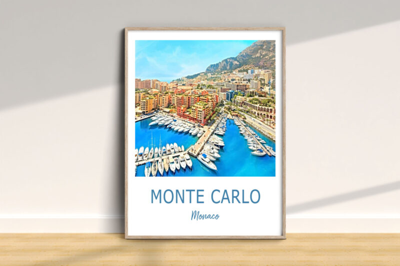 Framed Monte Carlo port art, yachts and cityscape.