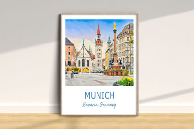Illustrated Munich cityscape artwork, Bavaria, Germany