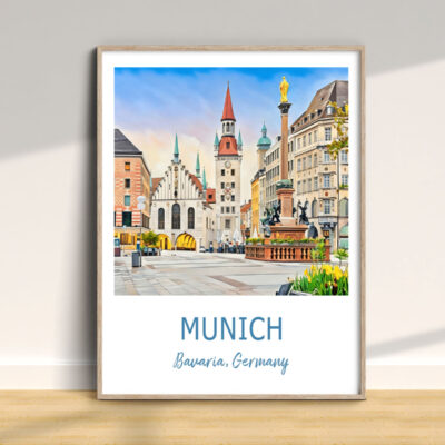 Illustrated Munich cityscape artwork, Bavaria, Germany