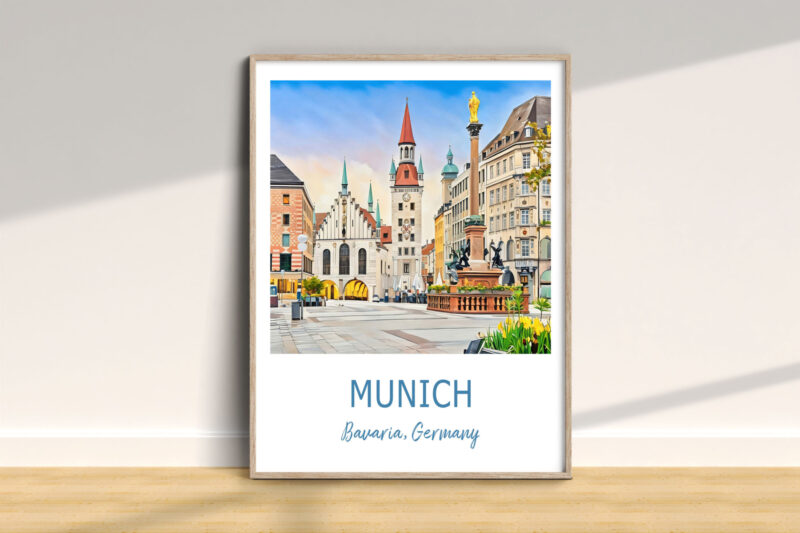 Illustrated Munich cityscape artwork, Bavaria, Germany