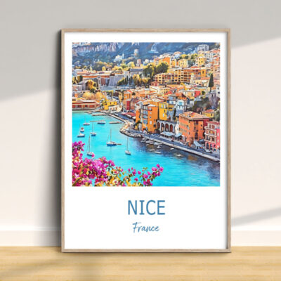 Colorful Nice, France Mediterranean coast artwork framed.
