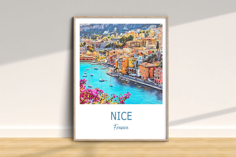 Colorful Nice, France Mediterranean coast artwork framed.