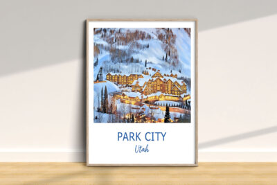 Framed Park City winter resort poster on wall