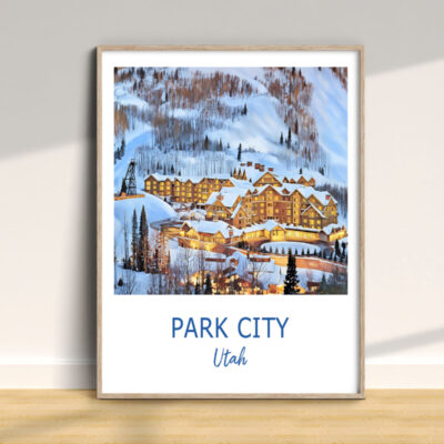 Framed Park City winter resort poster on wall