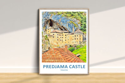 Framed artwork of Predjama Castle, Slovenia.