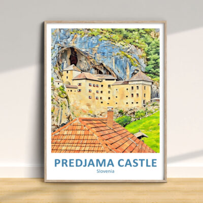 Framed artwork of Predjama Castle, Slovenia.