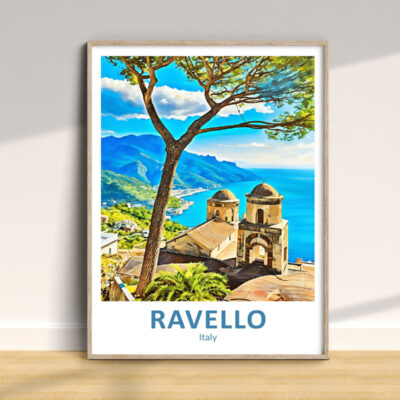 Ravello Italy poster with scenic coastal view.