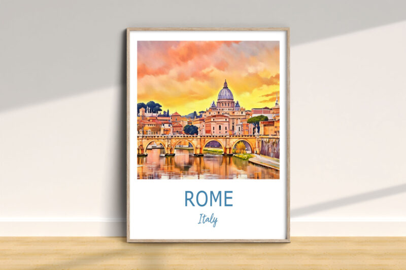 Framed Rome Italy poster with bridge and dome.