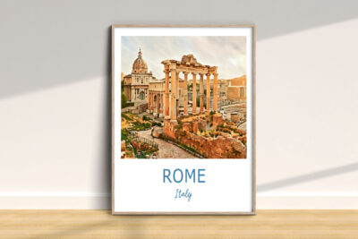 Painting of Roman ruins in a framed poster.