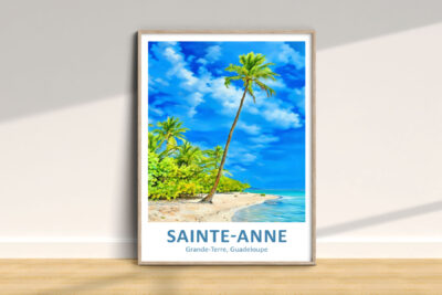 Beach painting of Sainte-Anne, Guadeloupe in a frame.