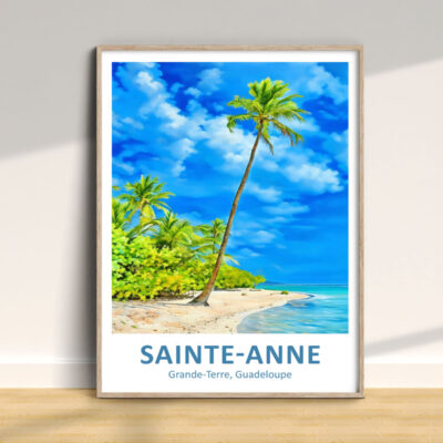 Beach painting of Sainte-Anne, Guadeloupe in a frame.