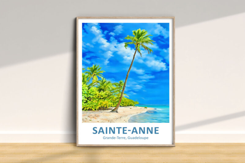 Beach painting of Sainte-Anne, Guadeloupe in a frame.